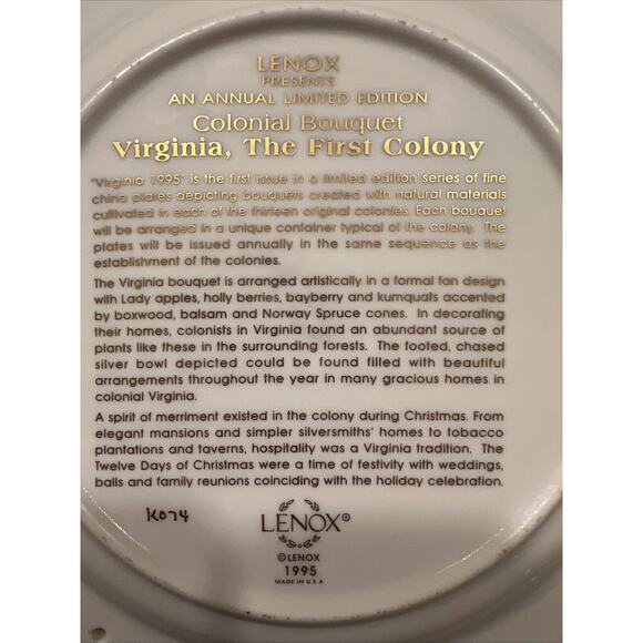 Lenox Colonial Bouquet Plate 1996 MASSACHUSETTS Pristine! - Picture 5 of 5